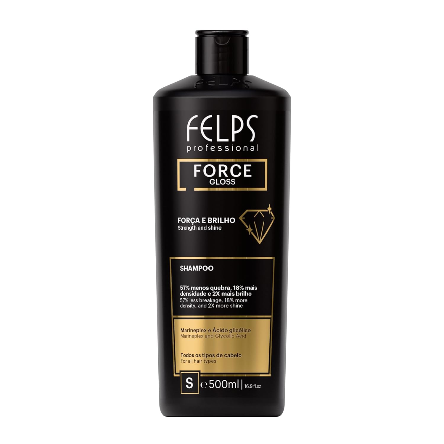 Felps Professional Force Gloss Shampoo with Marineplex and Glycolic Acid, Black, 16.9 Fl Oz, Strengthening Treatment for All Hair Types, 57% Less Breakage